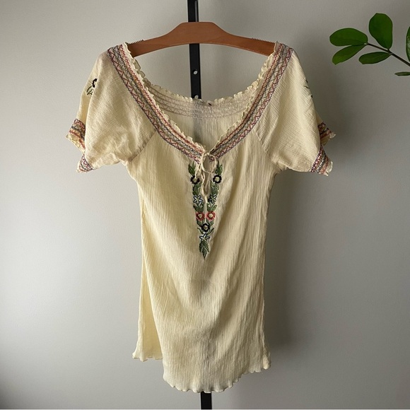 Vintage Boho Embroidered Floral 100% Cotton Off Shoulder Blouse Top Shirt Yellow - Picture 1 of 8